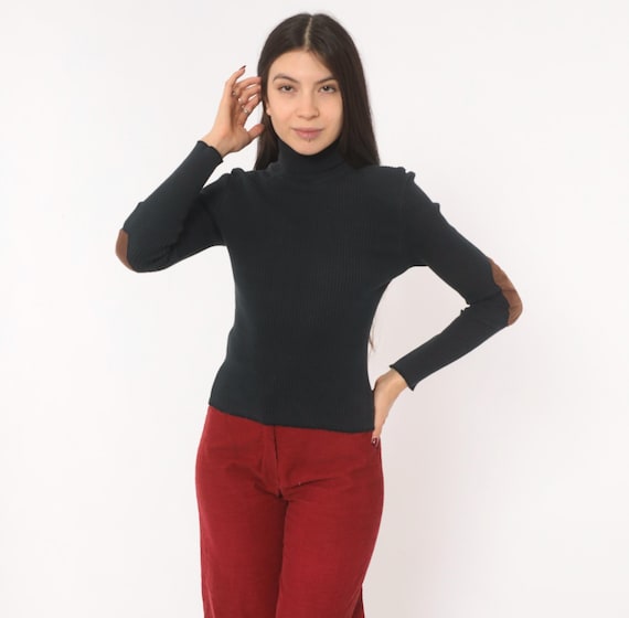 90s Elbow Patch Turtleneck Ribbed Knit Sweater Black Cotton Pullover Dark Academia Long Sleeve Top Collegiate Preppy Winter Extra Small XS