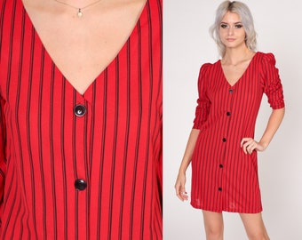 Red Striped Dress 80s Button up Mini Dress Puff Sleeve V Neck Black Pinstripe Pencil Shift Retro V-Neck Cocktail Party Vintage 1980s Small S