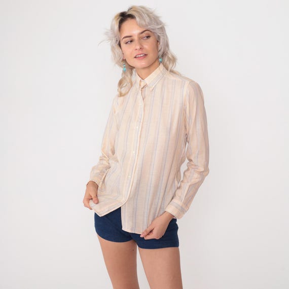 Striped Button Down 80s Cream Lavender Blue Preppy Oxford Shirt Mr Witt Cotton Blend Long Sleeve Neutral Pastel Classic Minimalist Small S 6