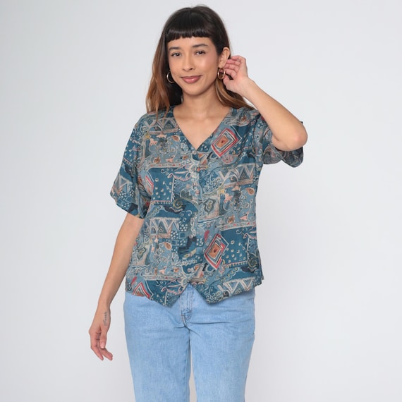 Paisley Silk Blouse 90s Blue Abstract Print V Neck Top Short Sleeve Button Front Shirt Stunt Petites Floral Geometric Chic Vintage Large L