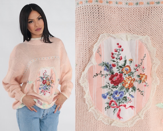Pink Floral Sweater 80s Knit Pullover Mock Neck Sweater Lace Trim Flower Print Jumper Retro Girly Spring Pastel Boho Vintage 1980s Large L