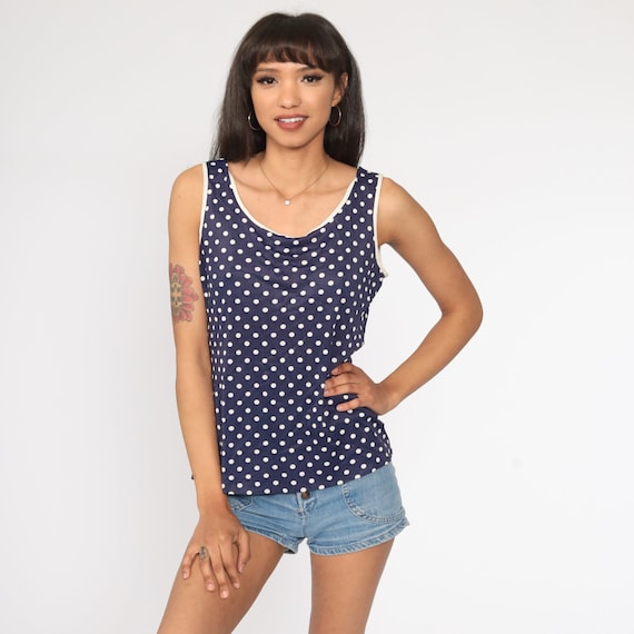 70s Tank Top Polka Dot Shirt Dark Blue 1970s Retro Shirt Sheer Boho Sleeveless Top Hipster Vintage Medium