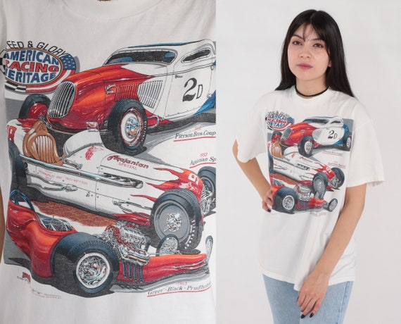 Racecar T-Shirt 90s American Racing Heritage Shirt Classic Car Graphic Tee Coupe Agajanian Greer Race White Vintage 1990s Jerzees Medium M