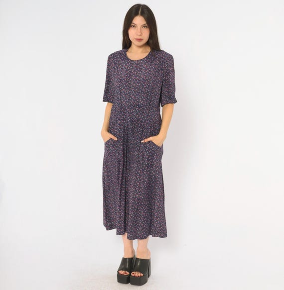 90s Ditsy Floral Dress Purple Black Short Sleeve Pleated Skirt Waist Pockets Prairie Cottagecore Grunge Garden Party Karin Stevens Large L