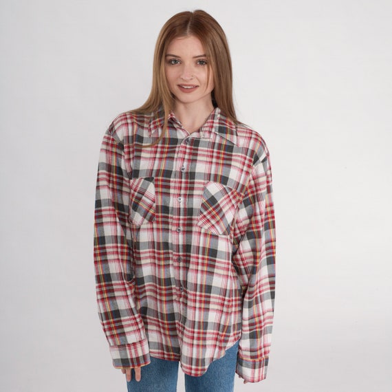 80s Plaid Shirt Flannel Button Up Shirt Retro White Red Grey Checkered Collared Long Sleeve Top Cotton Vintage 1980s Men's Large 16 1/2