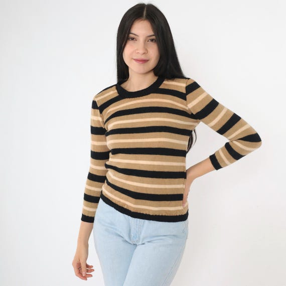 Vintage Pendleton Sweater 60s Striped Wool Top Black Tan Beige Fitted Pullover 1960s 3/4 Sleeve Pure Virgin Wool USA Extra Small xs