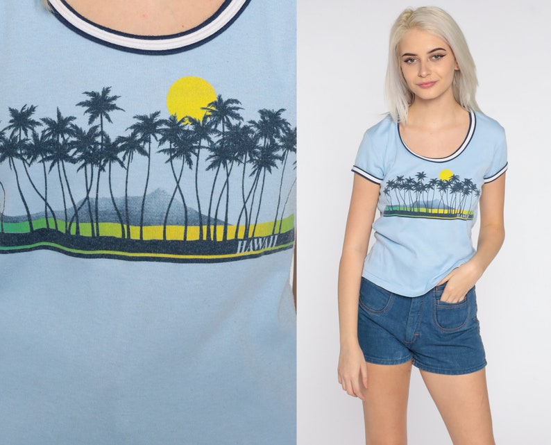 Hawaii Shirt 80s Tropical Palm Tree Tee 1980s Graphic Tshirt Retro Vintage Ringer Tee Travel T Shirt Beach Blue Single Stitch Small Medium image 1