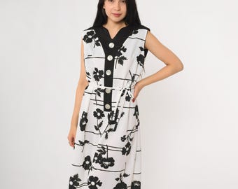 Robe à fleurs années 70 imprimée sans manches noir blanc boutonné sur le devant Mod rétro Gogo Twiggy botanique garden-party été pique-nique très grande XL