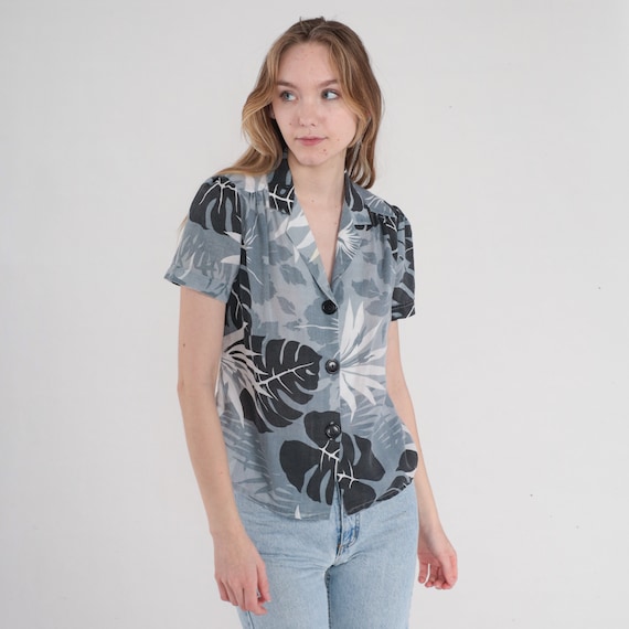 Grey Hawaiian Blouse 80s Tropical Floral Shirt Puff Sleeve Button Up Top Hibiscus Flower Monstera Leaf Print Black White Vintage 1980s Small