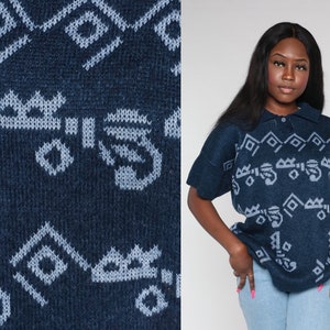 80s Sweater Top Navy Blue Knit Shirt Abstract Geometric Print Short Sleeve Sweater Top Collared Polo Retro Blouse Vintage 1980s Large L
