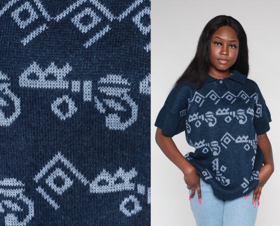 80s Sweater Top Navy Blue Knit Shirt Abstract Geometric Print Short Sleeve Sweater Top Collared Polo Retro Blouse Vintage 1980s Large L