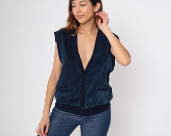 Velvet Vest 80s Vintage Navy Blue Button Front V Neck Sleeveless Velour Plush Ribbed Trim Two Pocket Preppy Collegiate Deep Cut Large L