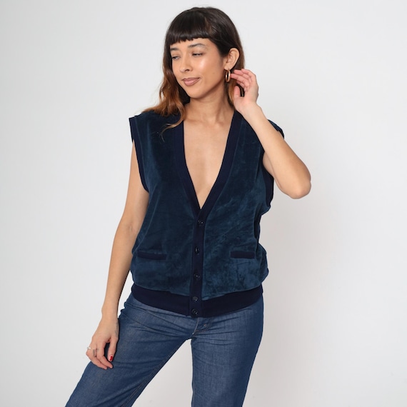 Velvet Vest 80s Vintage Navy Blue Button Front V Neck Sleeveless Velour Plush Ribbed Trim Two Pocket Preppy Collegiate Deep Cut Large L