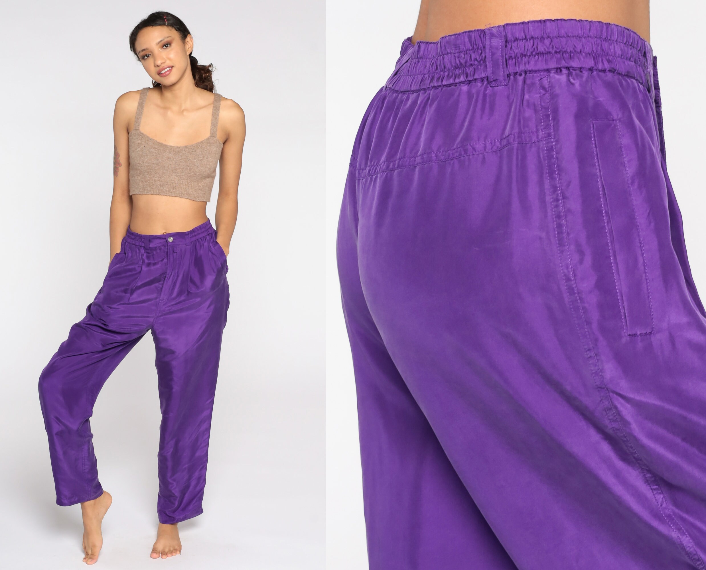 Purple Silk Pants Pleated Trousers High Waisted Trousers 80s Tapered Straight Leg 90s Vintage 