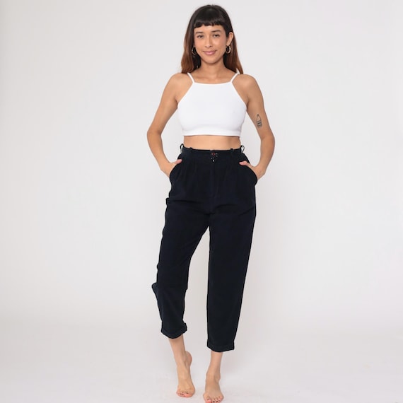 80s Black Cotton Pants High Waisted Cropped Tapered Button Front Vintage Trousers Minimalist Dark Academia Casual Style Small S