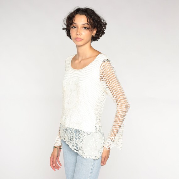 White Crochet Shirt Y2K Boho Blouse Long Sheer Sl… - image 6