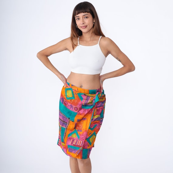 Geometric Wrap Skirt 90s Midi Skirt Colorful Abstract Print Retro Summer Pool Party Boho Orange Pink Turquoise Vintage 1990s Large 14