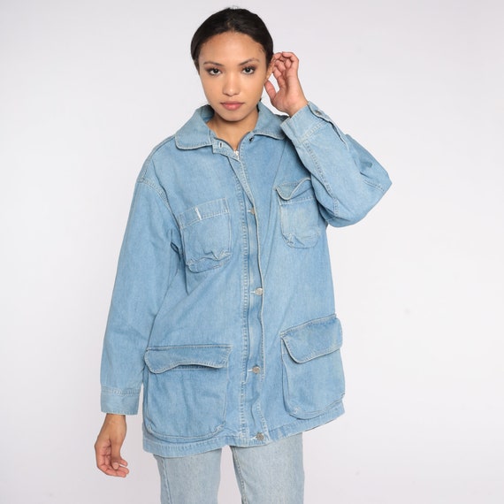 90s Denim Cargo Jacket Light Wash Blue Jean Jacket Workwear Retro Streetwear Normcore Collared Button Zip Up Coat Vintage 1990s Small S