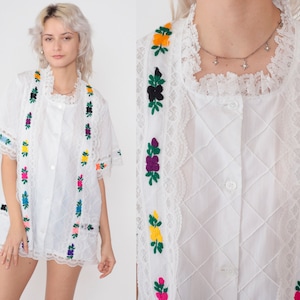 White Floral Blouse 90s Mexican Embroidered Lace Trim Top Button up Shirt Pintuck Hippie Short Sleeve Festival Cotton Vintage 1990s Medium M image 1