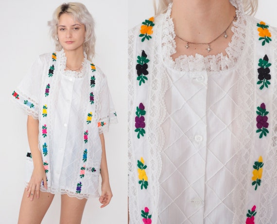 White Floral Blouse 90s Mexican Embroidered Lace … - image 1
