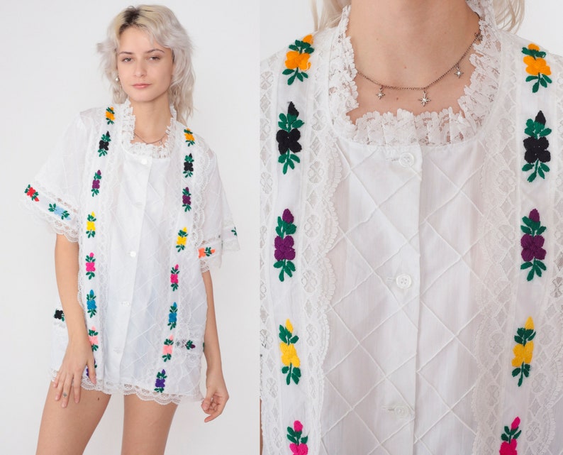 White Floral Blouse 90s Mexican Embroidered Lace Trim Top Button up Shirt Pintuck Hippie Short Sleeve Festival Cotton Vintage 1990s Medium M image 1