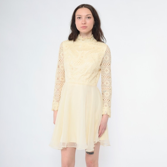 Vintage Lace Mini Dress 60s 70s Cream Chiffon High Neck Sheer Sleeve Party Mod Bridal Romantic Boho 1960s 1970s Fitted High Waist Small