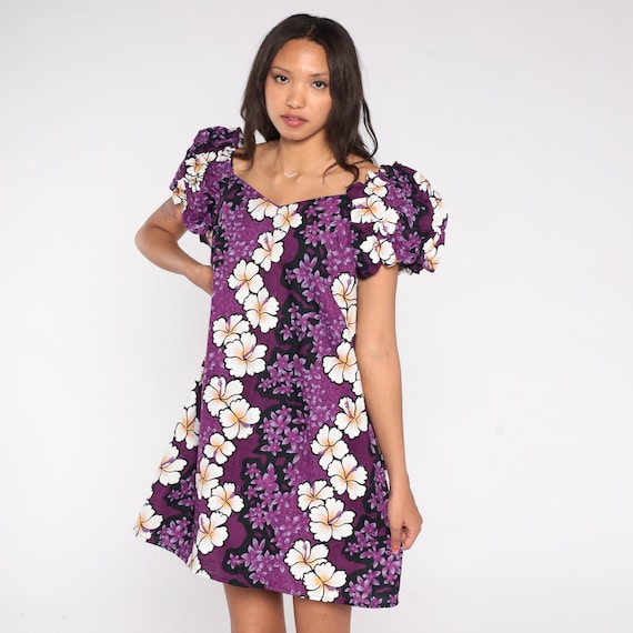 Hawaiian Mini Dress Purple 90s Floral Print Puff Sleeve Hilo Hattie Cotton Island Style Tropical Hibiscus Luau Summer Wear Extra Large XL