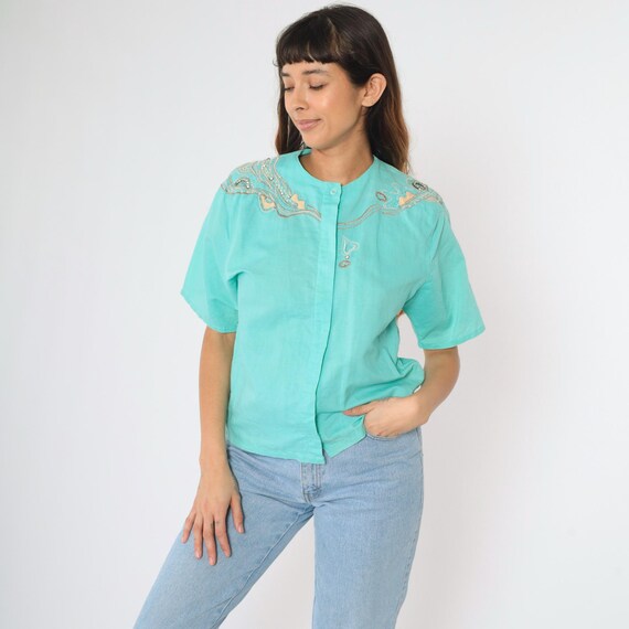 Vintage 90s Aqua Blouse Sequin Rhinestone Metallic Abstract Embroidered Button Up Short Sleeve Top Retro 1990s Medium M