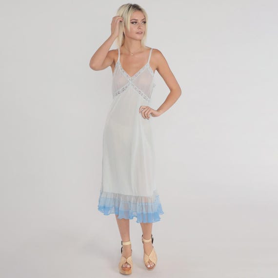 Vintage Sheer Blue Slip Dress 70s Lingerie Nightgown Lace Trim Midi Nightie Nylon Ruffled Empire Waist Spaghetti Strap Pleated 1970s Medium