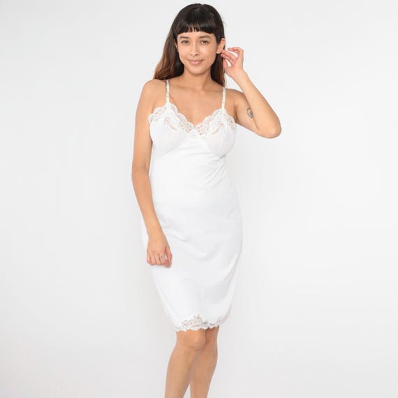 Vintage White Slip Dress 1980s Lace Lingerie Nightgown Nylon Knee Length Mini V Neck 80s Empire Waist Spaghetti Strap Bohemian 36 Average