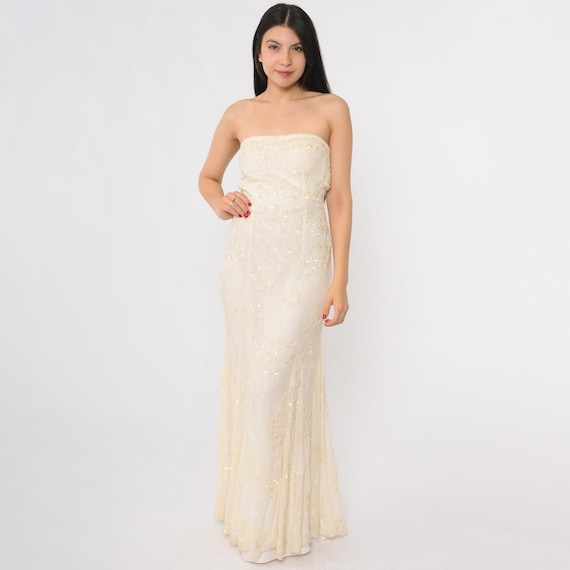 Beaded Silk Gown Y2K Cache Strapless Cream Floral Embroidered Sequin Evening Dress Formal Wedding Party Maxi Vintage Glamour  Extra Small XS