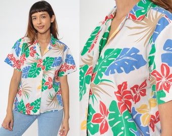 Tropical Floral Shirt 80s 90s White Hawaiian Blouse Cotton Button Up Vintage Surfer Vacation Short Sleeve Leaf Print Retro Top 1980s Medium
