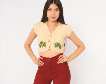 70s Clover Cable Knit Cropped Sweater Vest Wool Button Front Sleeveless Green Leaf Aran Fisherman Cottagecore Prairie Women Extra Small XS