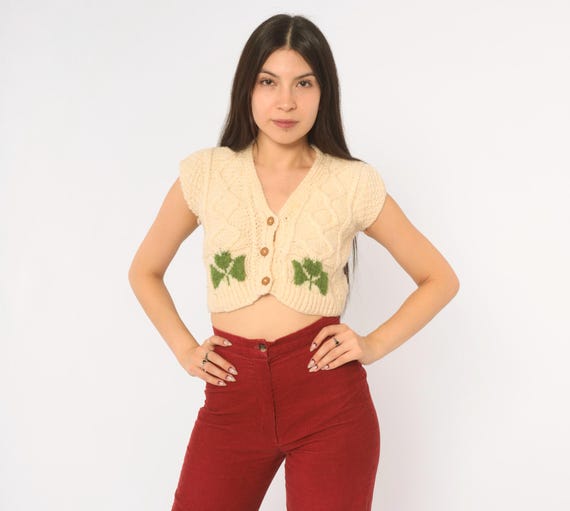 70s Clover Cable Knit Cropped Sweater Vest Wool Button Front Sleeveless Green Leaf Aran Fisherman Cottagecore Prairie Women Extra Small XS