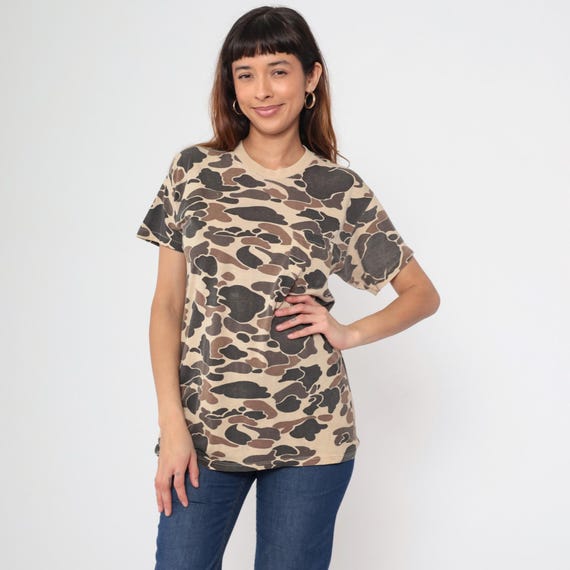 Camo Shirt Army TShirt CAMOUFLAGE Shirt 80s Ringer Green Hunting Military Ringer Tee Green Grunge 1980s Retro Tee Vintage Medium M