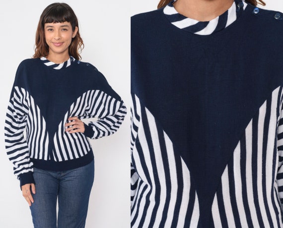 80s Striped Sweater Blue White Colorblock Knit Pu… - image 1