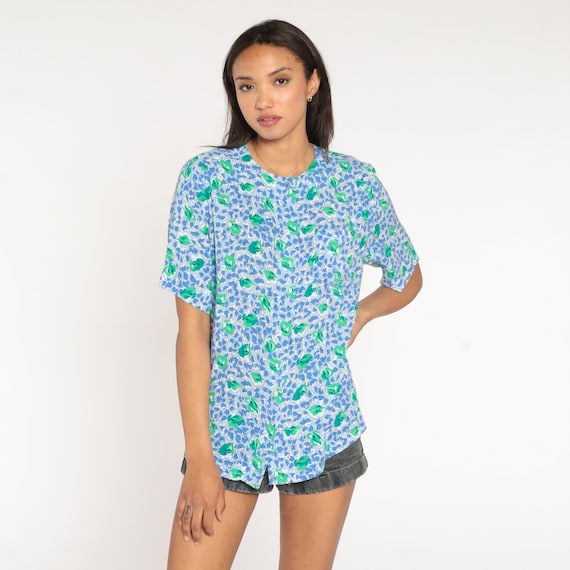 Blue Floral Blouse 80s Button Up Shirt 90s Short Sleeve Top Hippie Boho Top 1980s Vintage Bohemian Green Hidden Button Placket Medium Large