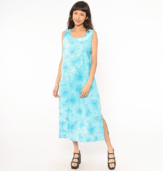 Tie Dye Maxi Dress Sky Blue Embroidered Floral Cotton Sleeveless Scoop Neck Tank Summer Sundress Aqua White Column Shift 90s Womens Medium M