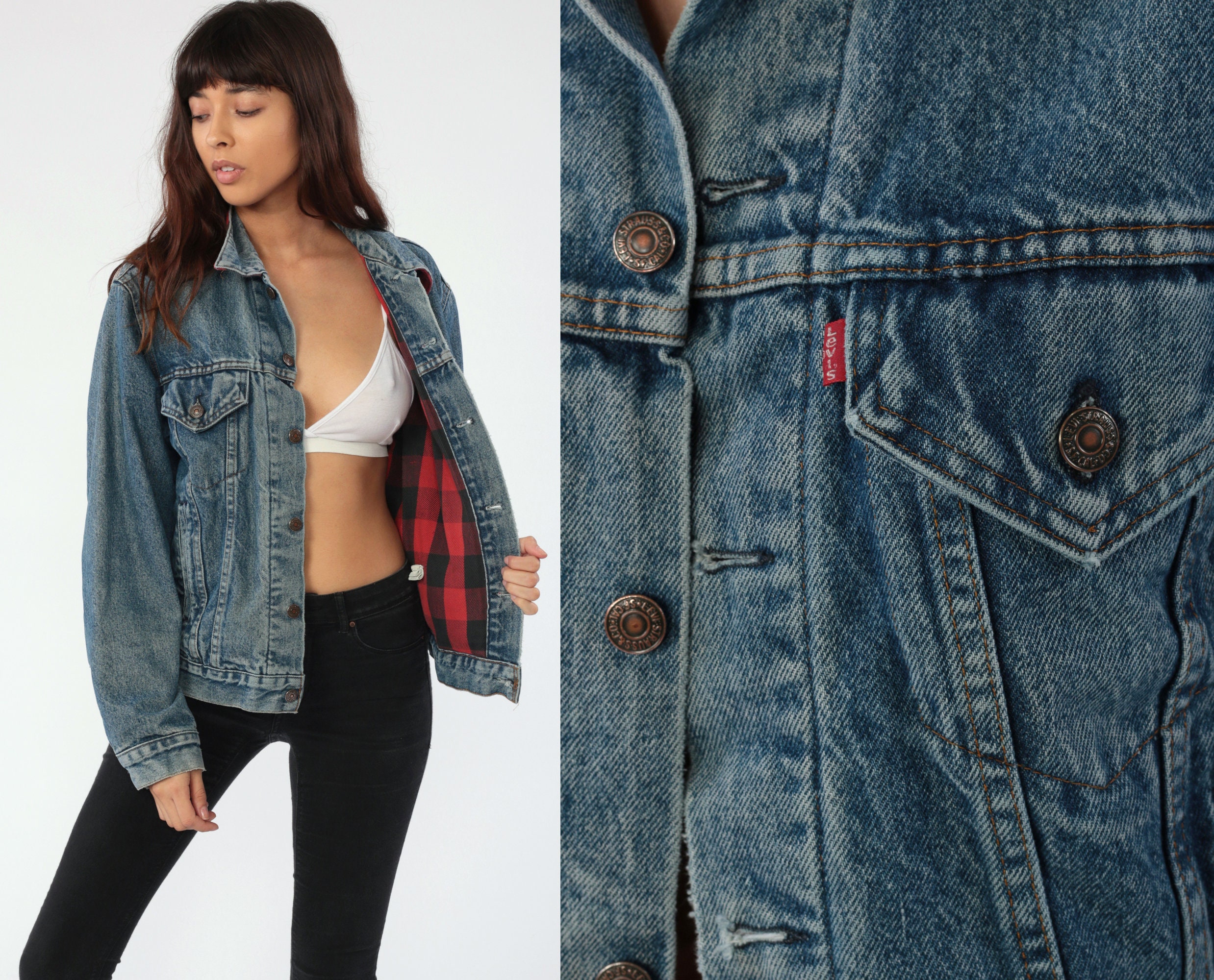 Levis Jean Jacket -- 80s LEVI Denim Jacket USA Made Buffalo PLAID Lined  Trucker Blue Biker Vintage Oversize 90s Levi Strauss 38 Medium