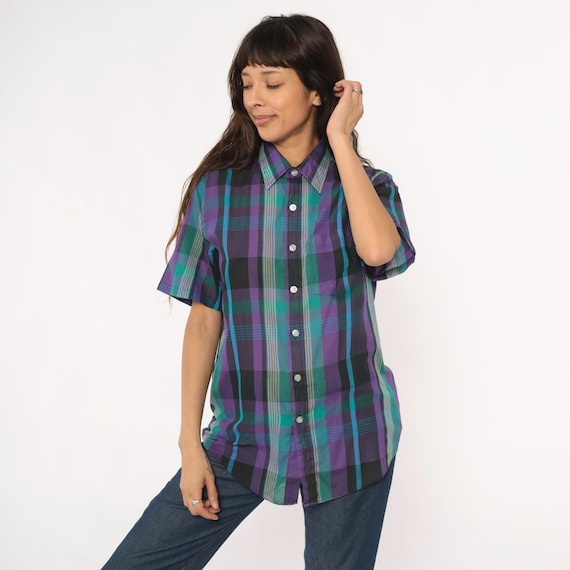 80s Plaid Shirt Purple Green Teal Blue Yellow Short Sleeve Mens Unisex Collared Checkered Vintage Chest Pocket Preppy Striped Medium M