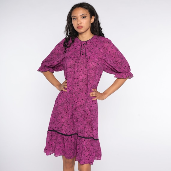 Boho Hippie Dress Purple Floral Dress Tent Dress Bohemian 80s Vintage Tunic Trapeze Midi 1/2 Sleeve Small S
