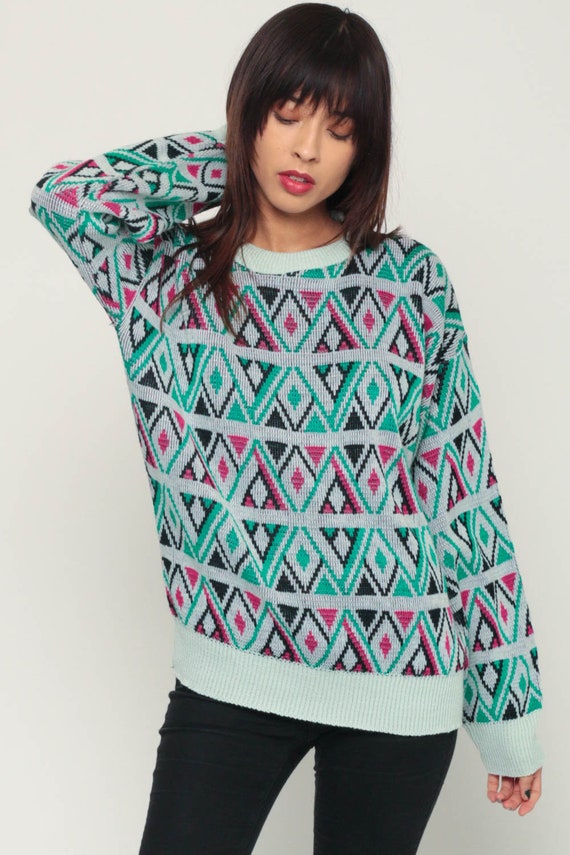 Grunge Sweater Geometric 80s Checkered Print Knit Jumper 1980s Hipster Statement Sweater Vintage Pullover Retro Green Pink Extra Large xl