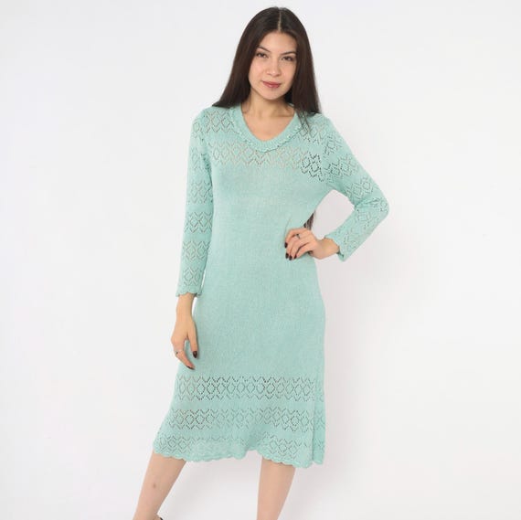 70s Seafoam Green Pointelle Knit Dress Cotton Sweater Long Sleeve Scalloped V Neck Below Knee Mint Teal Fairycore Balletcore Vintage Medium