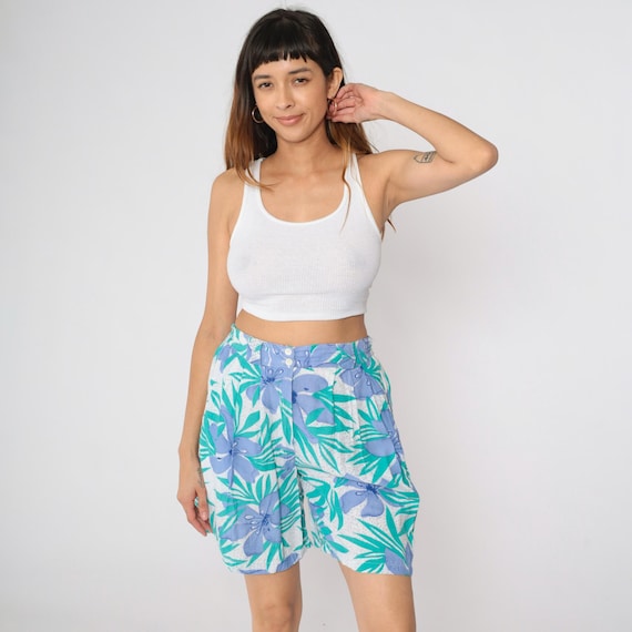 Vintage 90s Floral Shorts Tropical Teal Periwinkle Rayon Print Baggy Pleated Boho High Waisted Wide Leg Botanical 1990s Petite Small S
