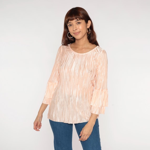 Vintage 80s Pink Pleated Blouse Shimmer Fabric Long Sleeve Top Ruffle Bell Cuffs Round Neck Dressy Evening Party Glam Shirt Size Medium M