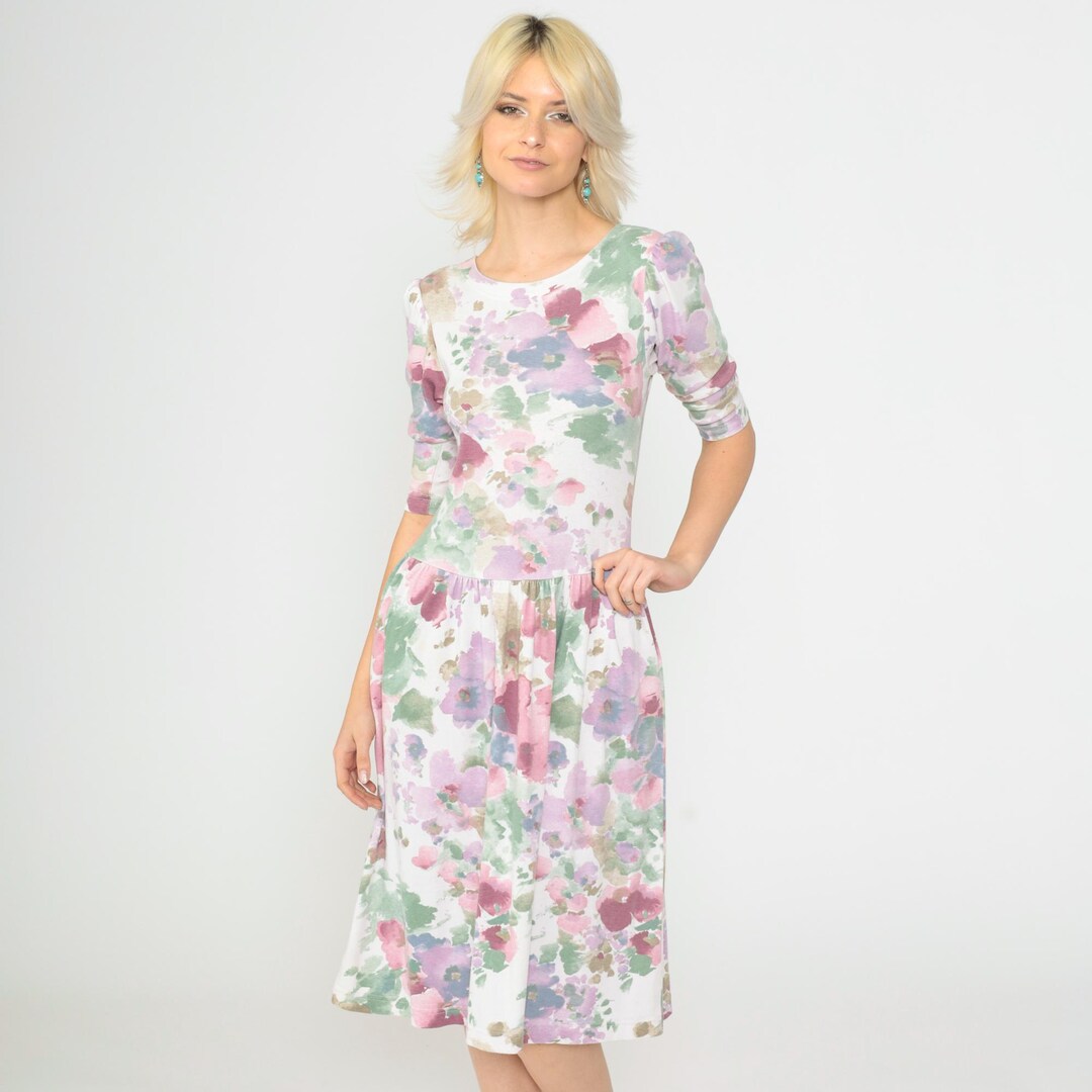 Vintage Floral Midi Dress 80s 90s Puff Sleeve Drop Waist Watercolor ...