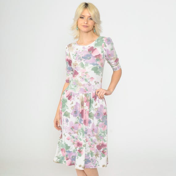 Vintage Floral Midi Dress 80s 90s Puff Sleeve Drop Waist Watercolor Flower Print White Lavender Green 1980s Summer Small
