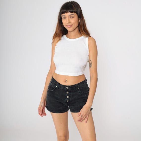 Vintage Black Denim Shorts 90s Jordache Jean Shorts Exposed Button Fly High Rise Retro Basic Plain Summer 1990s Small 6