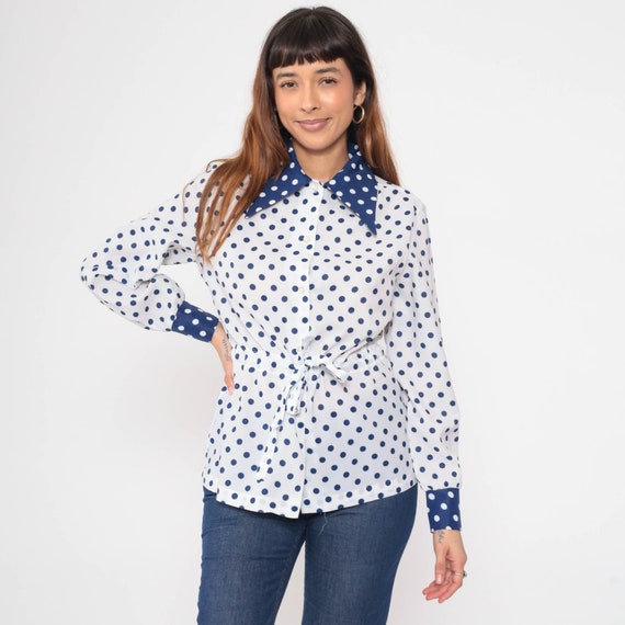 Polka Dot Shirt 70s Button Up Top White Blue Contrast Dagger Collar Blouse Boho Disco 1970s Drawstring Waist Vintage Long Sleeve Medium