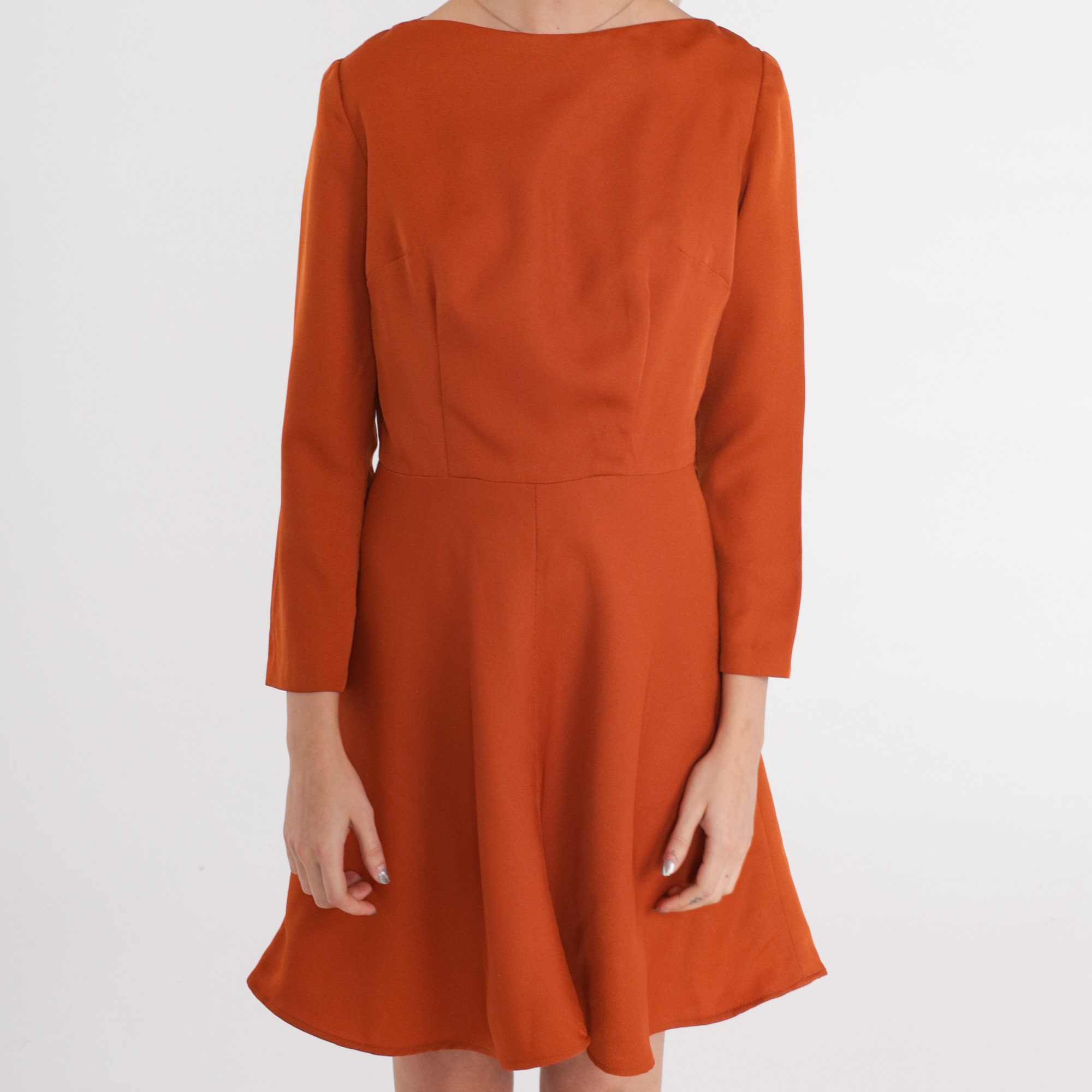 70s Mini Dress Burnt Orange Dress Fit and Flare High Waisted Boho Plain ...